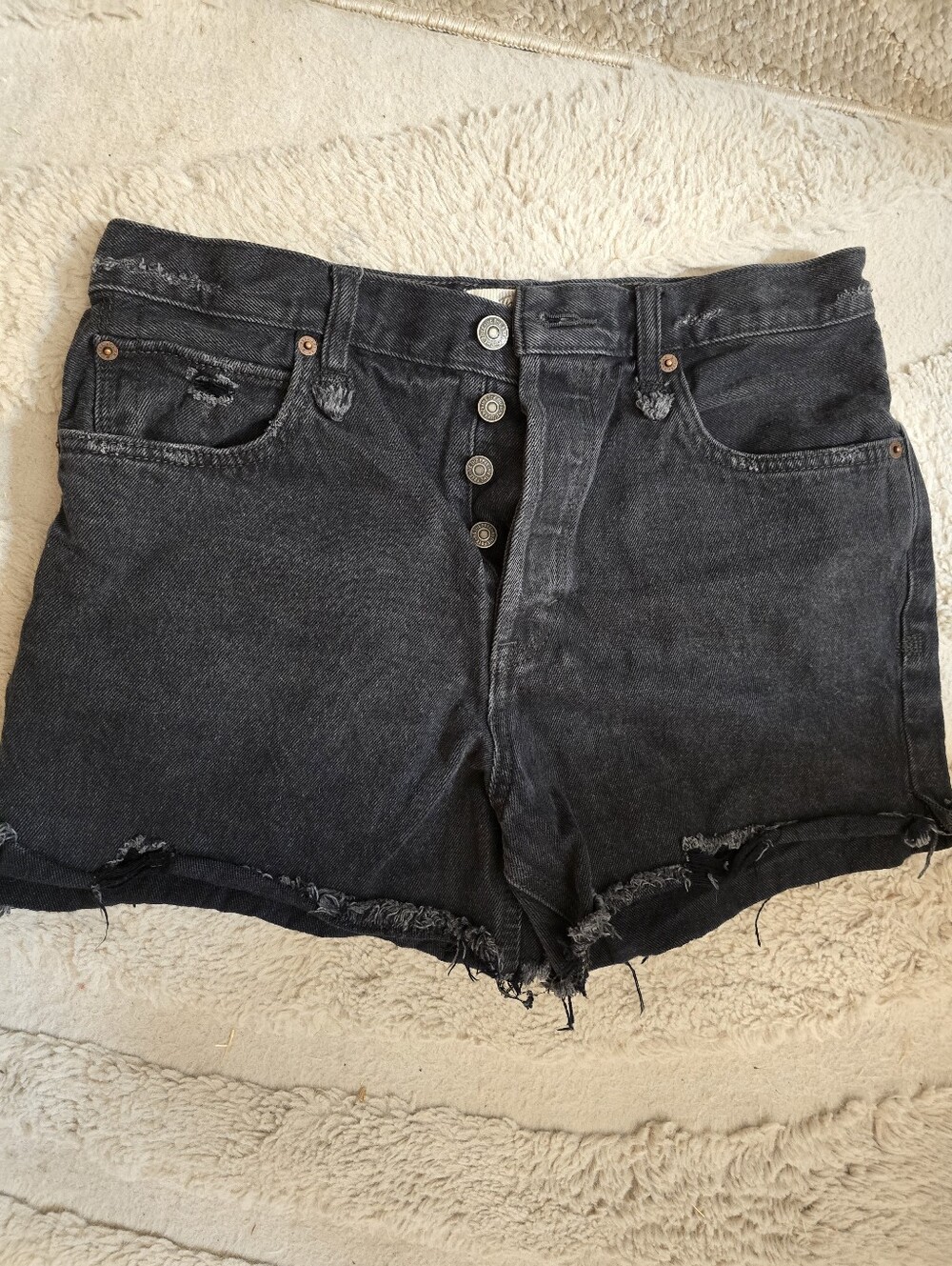 Free People-Black High-Rise Distressed Denim Shorts